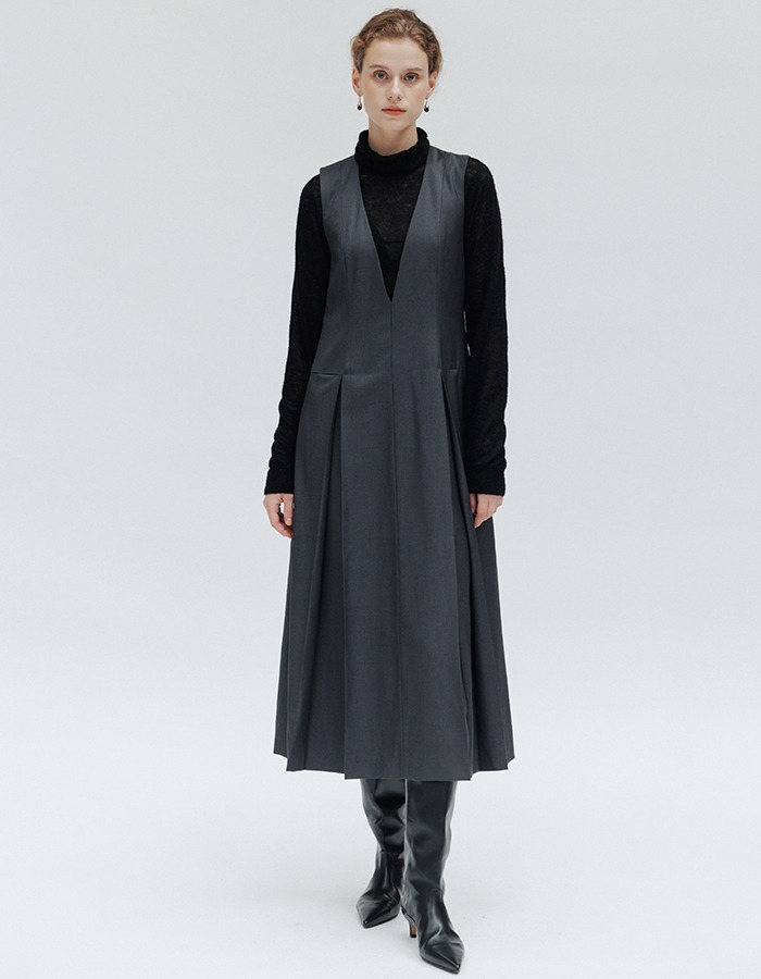 LENUEE) V-neck wool dress - Grey (쇼룸 판매 전용)