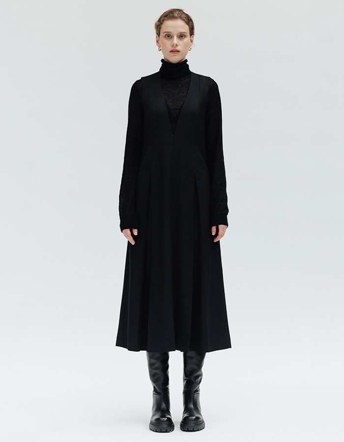LENUEE) V-neck wool dress - Black (쇼룸 판매 전용)