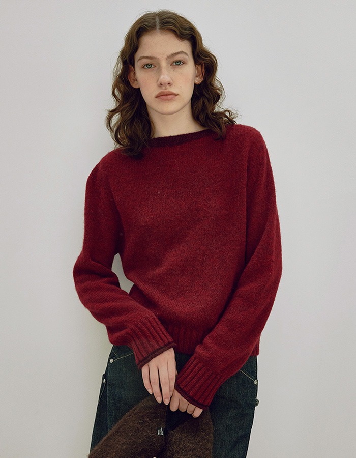 KNITLY) BABY ALPACA BOAT NECK SWEATER (Red)