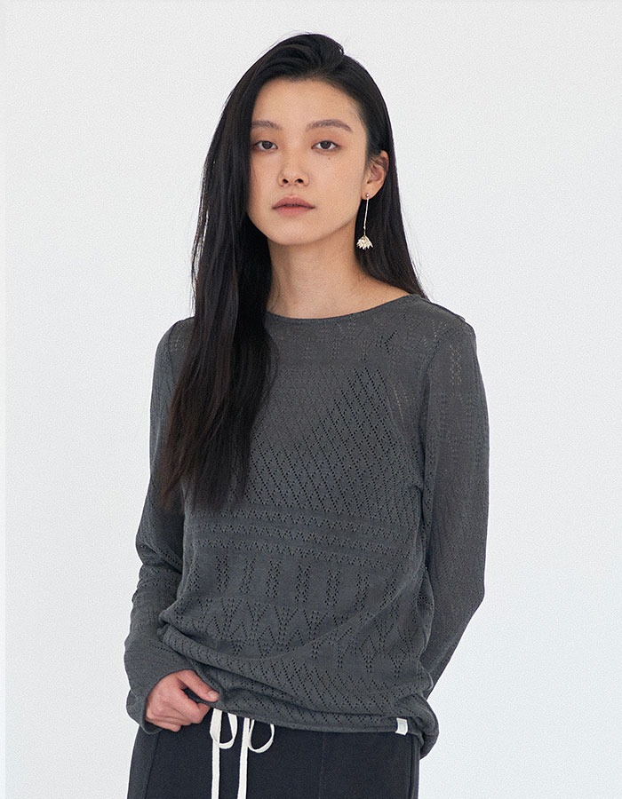 air of june) Eyelet pattern knit top -Charcoal