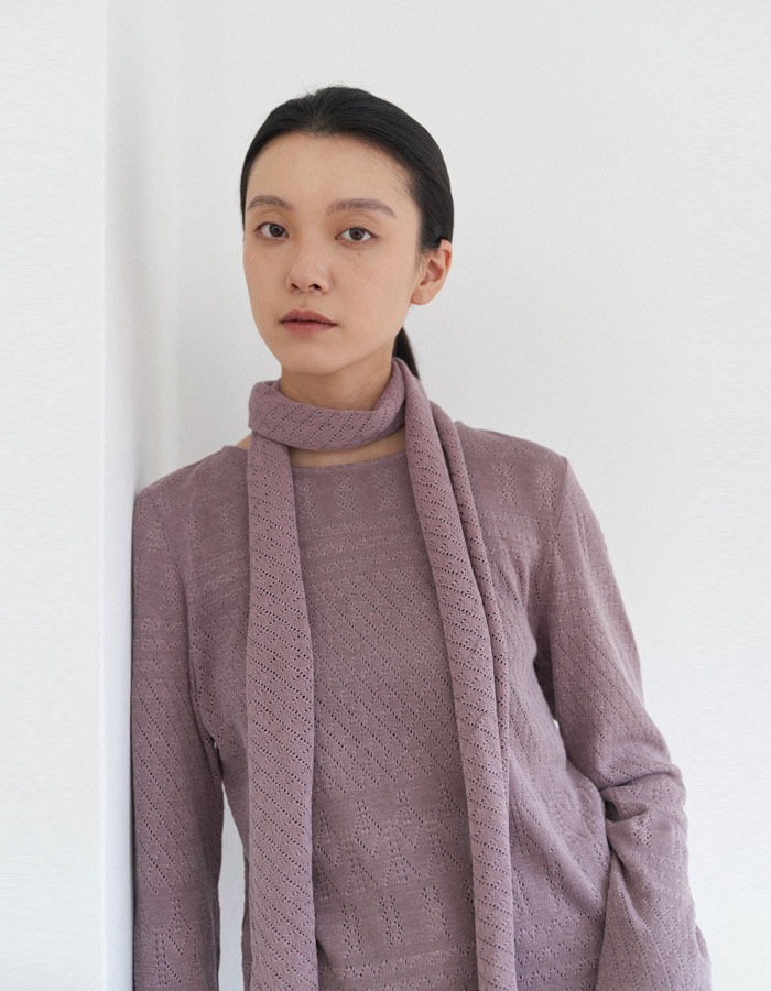 air of june) Eyelet pattern knit mini scarf -Mauve