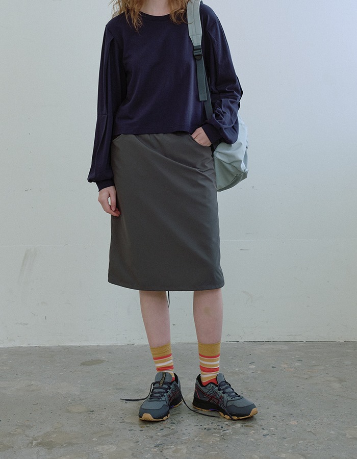 ENZO BLUES) Mesh Two-tone Banding Skirt (Brown)