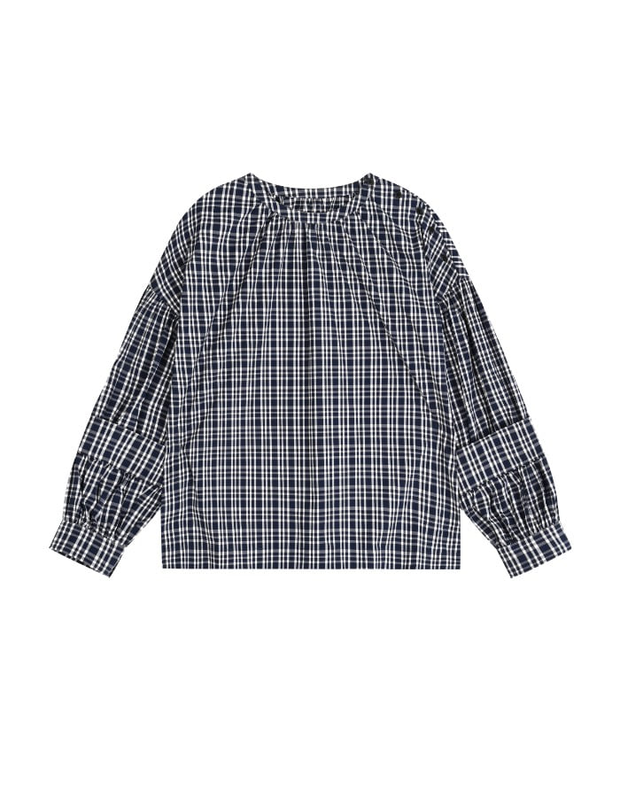 Cosmoss) VOLUME SHIRRING BLOUSE (GINGHAM CKECK)