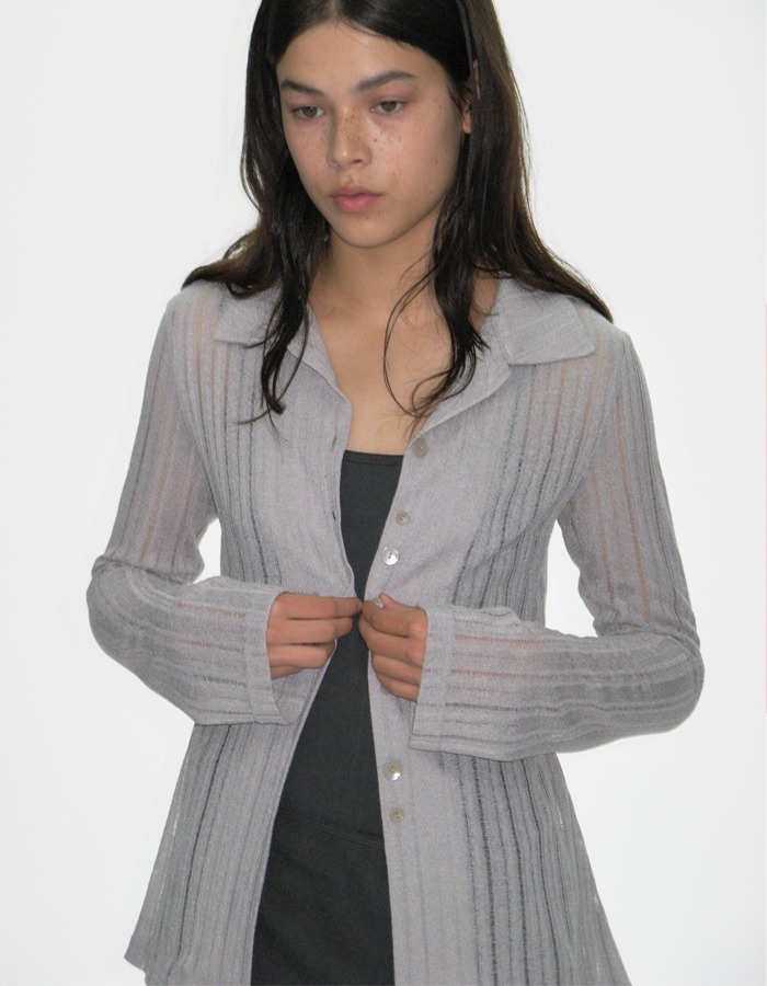 CACELE) BUTTON UP FLARE SHIRTS, LIGHT GRAY