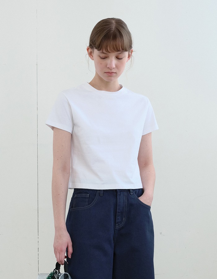 ENZO BLUES) Baby Crop T-Shirt (White)