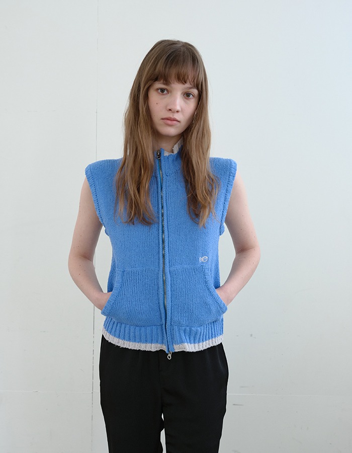 ENZO BLUES) Double Logo Zip-up Knit Vest (Blue)
