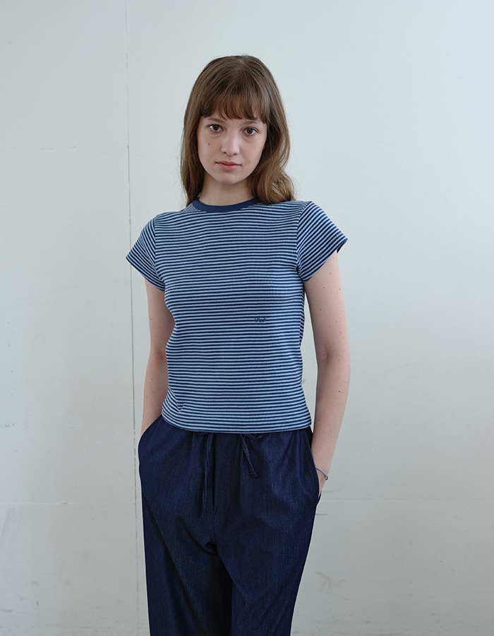 ENZO BLUES) Striped Cap-Sleeve T-shirt (Blue Stripe)