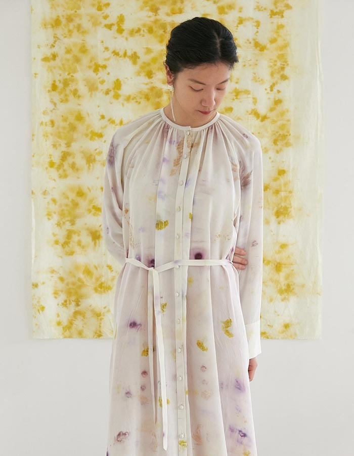 teak) eco-printing silk shirring dress