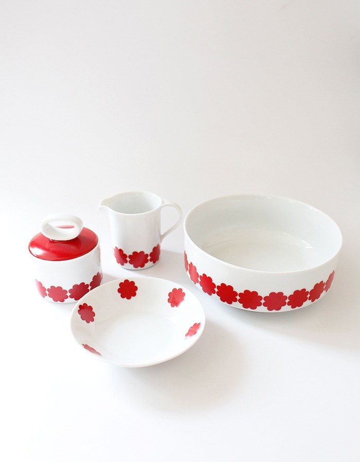 Eschenbach) vintage red flower dessert bowls &amp; jug &amp; sugar pot &amp; bowl