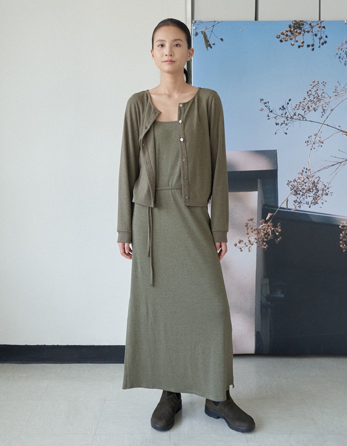 air of june) COZY COTTON STRIPE LONG DRESS _ OLIVE GREEN
