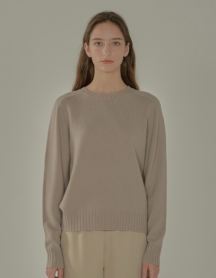 FLUID) WOOL CASHMERE CREW NECK KNIT (Taupe)