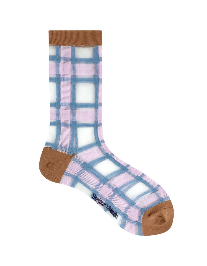 Bonjour March) Sheer pastel check socks / blue
