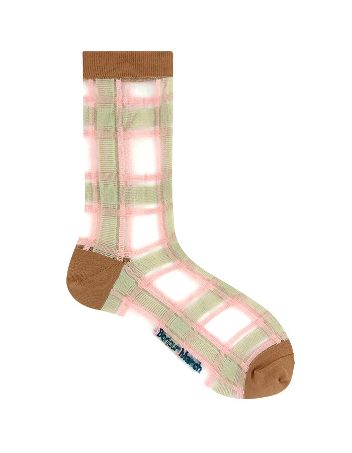 Bonjour March) Sheer pastel check socks / pink