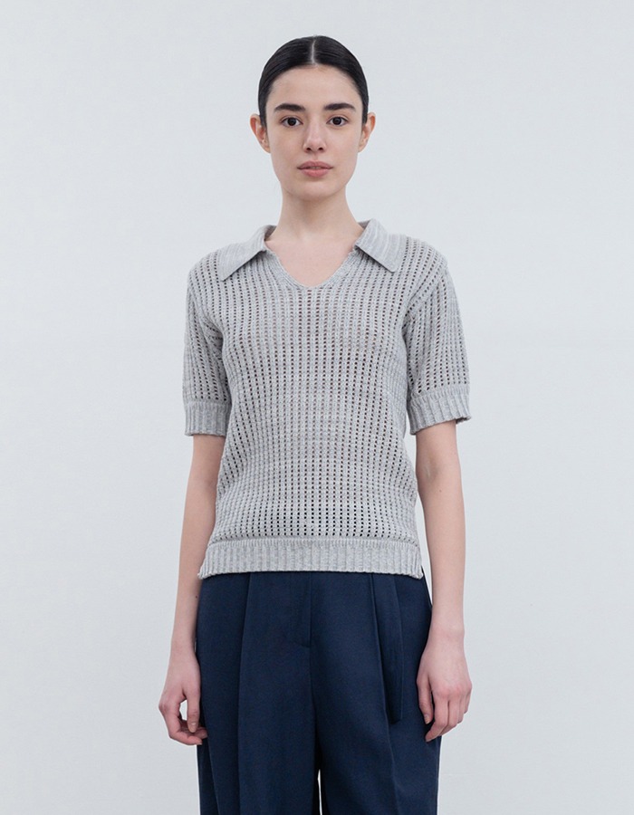 RE RHEE) KNITTED SHORT SLEEVES COLLARED TOP MS
