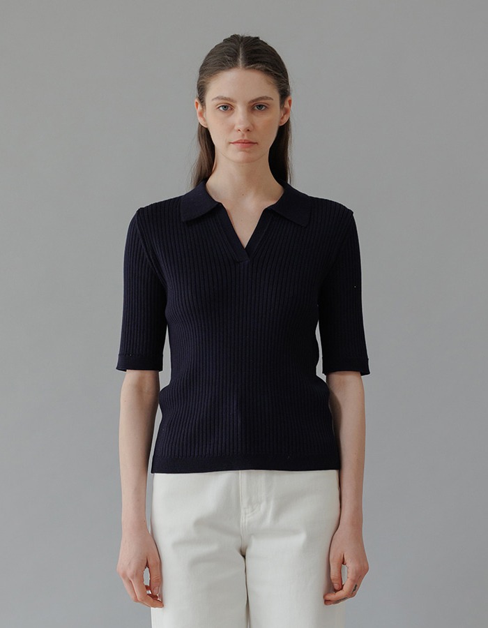 peces) RIBBED COLLAR KNIT (NAVY)