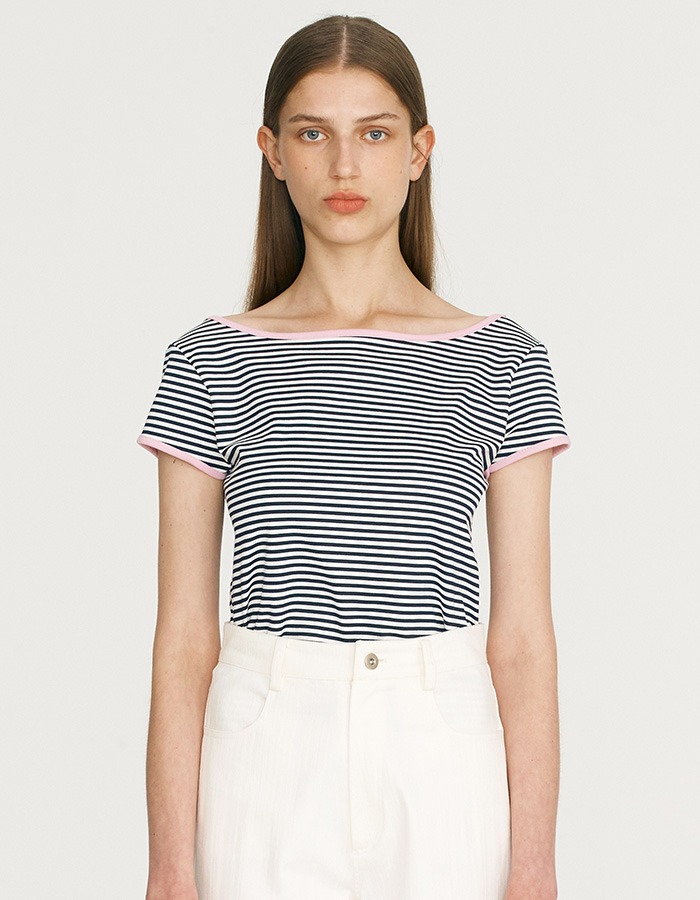 LENUEE) Julie scoop-neck stripe t-shirt _ Dark navy (쇼룸 판매 전용)