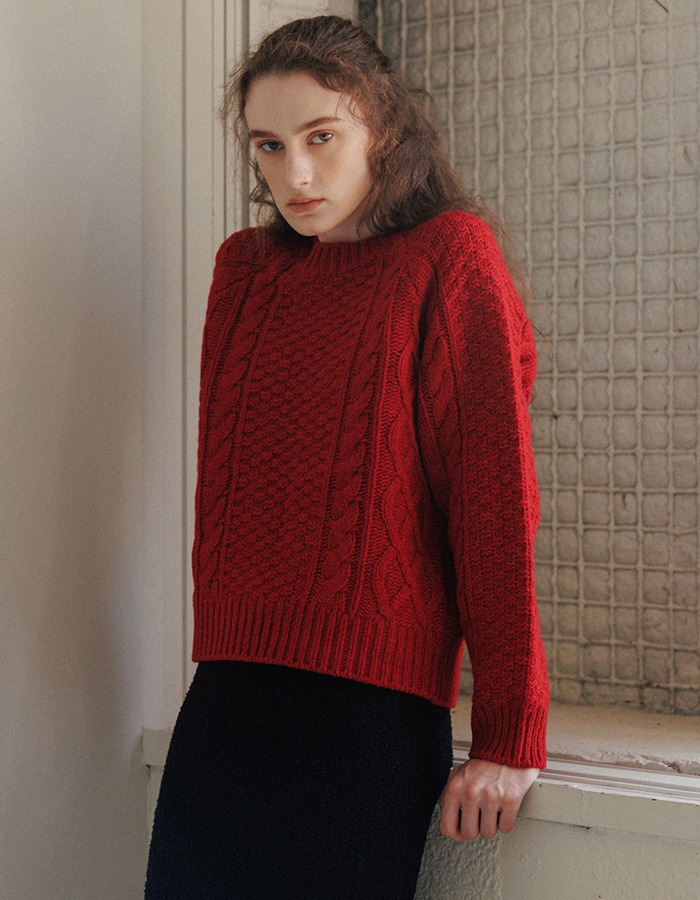 peces) CABLE WOOL KNIT (D/RED)