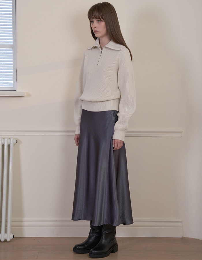FLUID) Satin Flare Skirt (Charcoal)