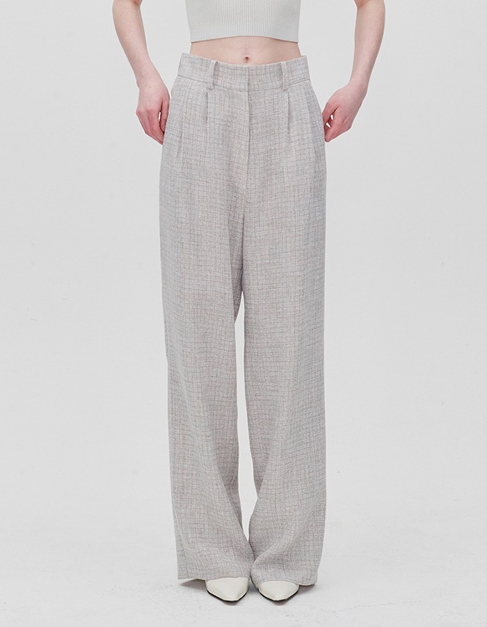 RE RHEE) CHECKED WIDE LEG TROUSERS MIX OAT