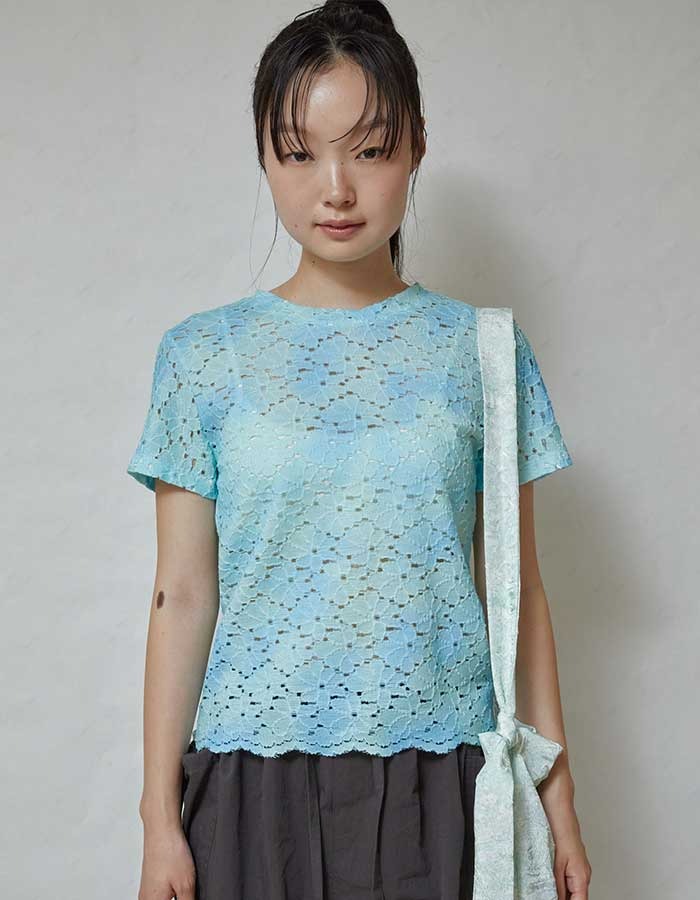 rysm) Flower lace t-shirt (Blue)