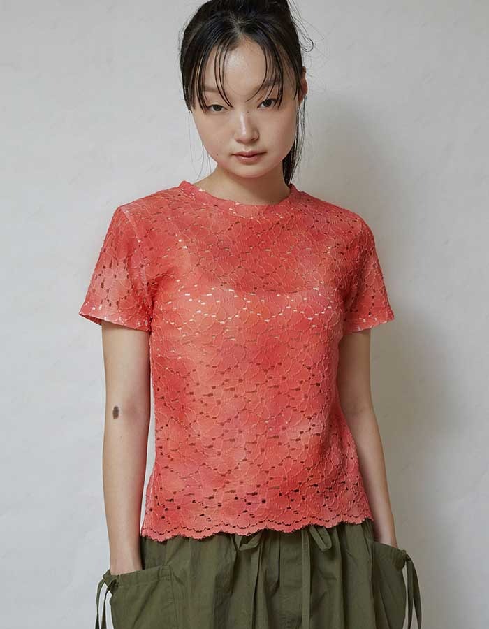 rysm) Flower lace t-shirt (Red)