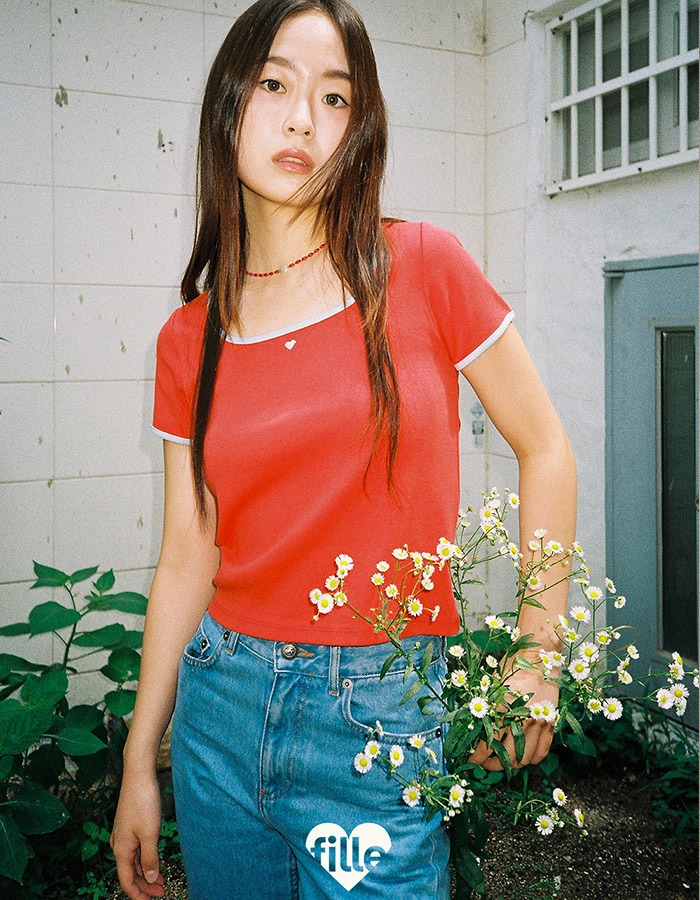 fille) [스퀘어넥] Heart T-shirt (Red)
