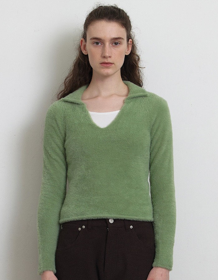 KNITLY) Hairy V Neck Collar Sweater (Apple Green)