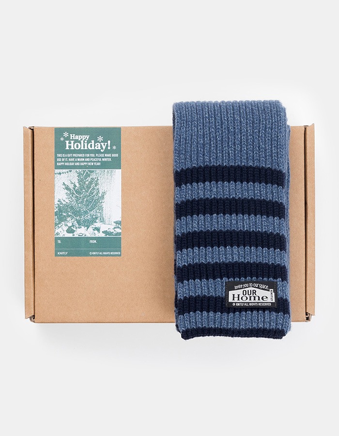 KNITLY) Wool Cotton Ribbed Line Mufller (Blue)
