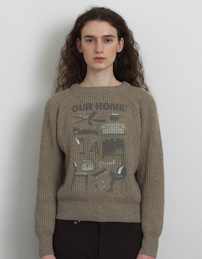 KNITLY) Our Home Printing Sweater (Khaki Beige)