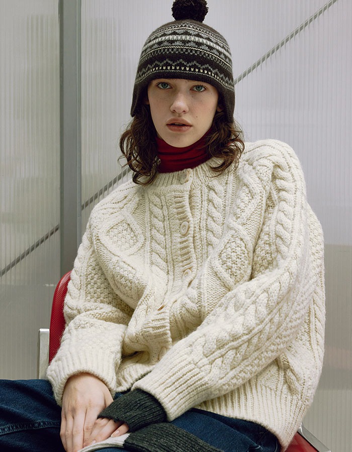 KNITLY) HEAVY WOOL CABLE CARDIGAN_Ivory