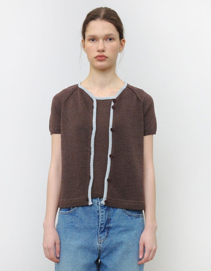 KNITLY) PAPER LINE SHORT SLEEVE CARDIGAN_Brown