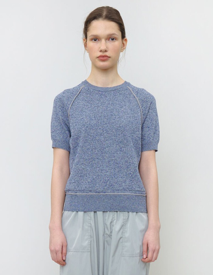 KNITLY) TWO POCKET LINE SHORT SLEEVE KNIT TOP_Sea